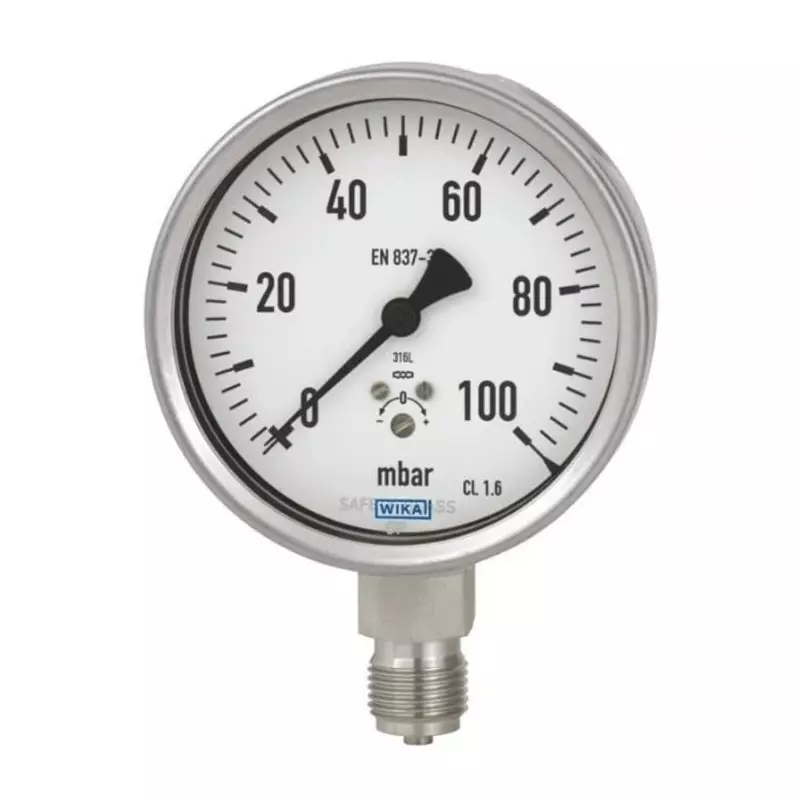 WIKA Analogue Pressure Gauge NPT 1/2 100mbar Bottom Entry 100mm Outside Diameter, 66242396