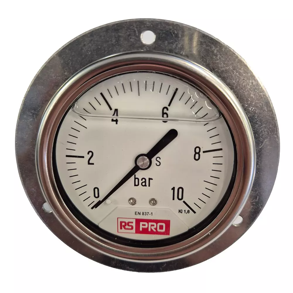 RS PRO Pressure Gauge 0 bar to 10 bar Stainless Steel 63 mm OD Bottom Entry Mount, 179990