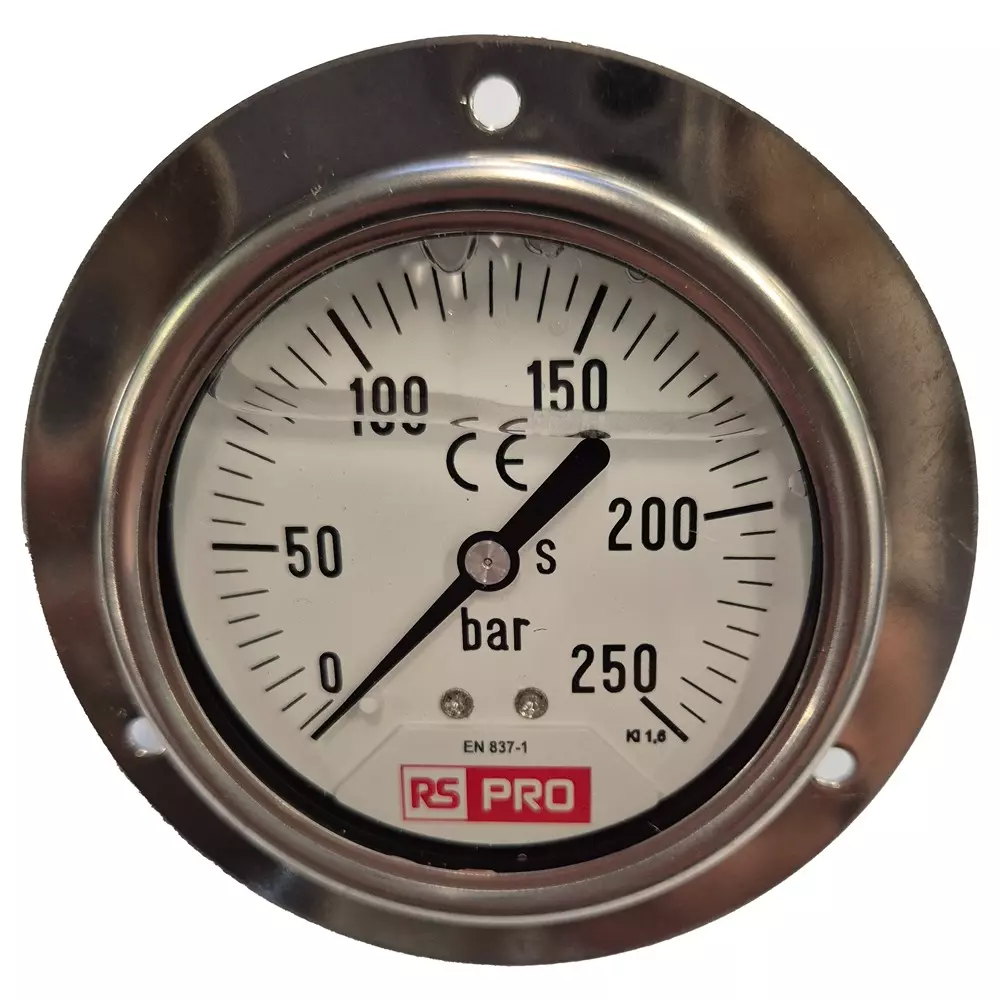 RS PRO Pressure Gauge 0 bar to 250 bar Stainless Steel 63 mm OD Bottom Entry Mount, 179992
