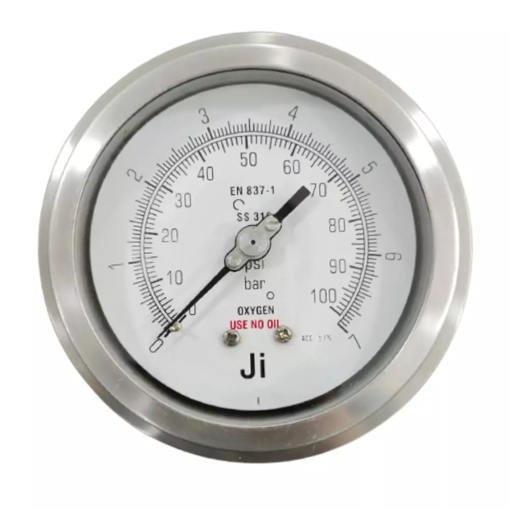 Japsin Instrumentation Oxygen Pressure Gauge Analog Display 100 mm Dial Size 0 to 7 Bar Range for Industrial Use