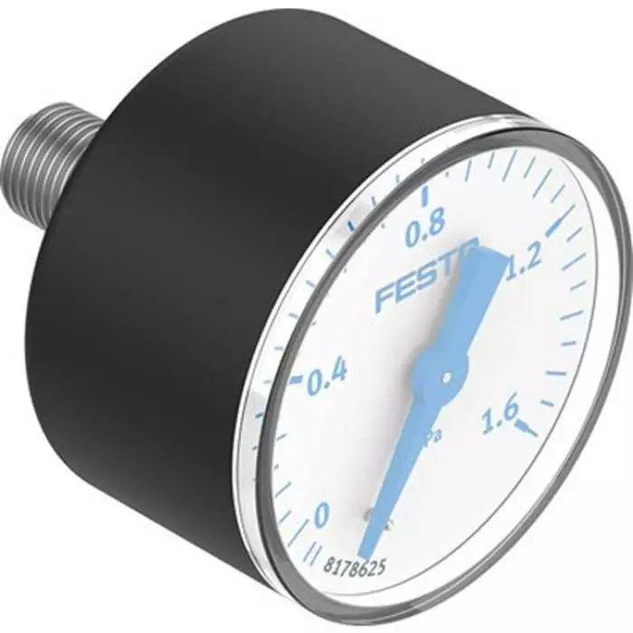 Festo R 1/8 Analogue Pressure Gauge 0 bar Inline 39 mm Outside Diameter, PAGN-40-1.6M-R18-1.6-CPA