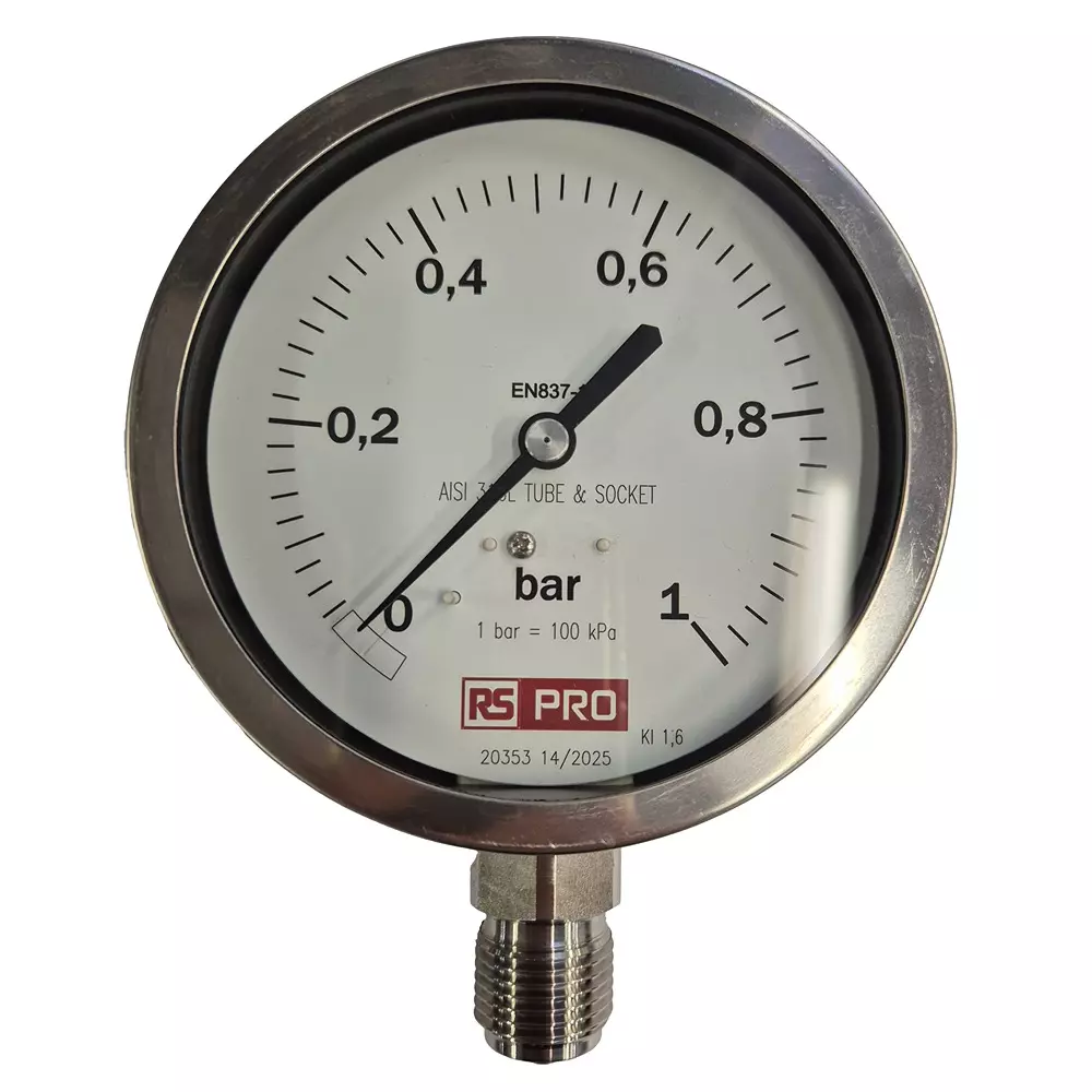 RS PRO Pressure Gauge 0 bar to 1 bar Stainless Steel 100 mm OD Bottom Entry Mount, 152301