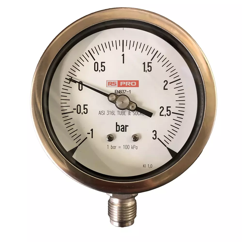 RS PRO Pressure Gauge -1 bar to 3 bar Stainless Steel 100 mm OD Bottom Entry Mount, 180007