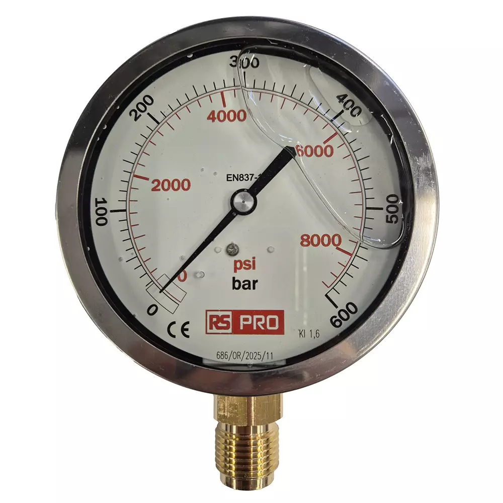 RS PRO Pressure Gauge 0 bar to 600 bar Stainless Steel 100 mm OD Bottom Entry Mount, 152298