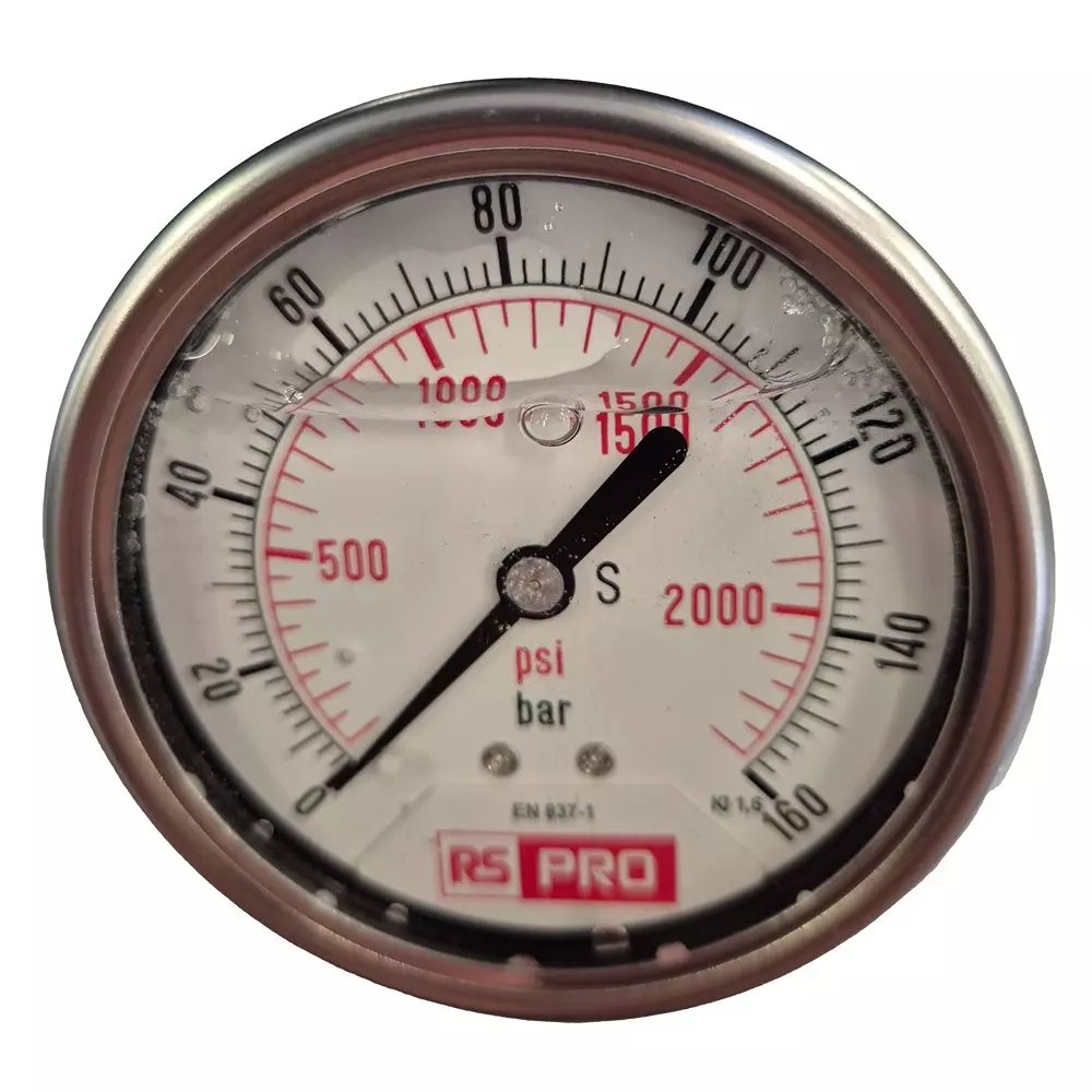 RS PRO Pressure Gauge 0 bar to 160 bar Stainless Steel 63 mm OD Bottom Entry Mount, 179980