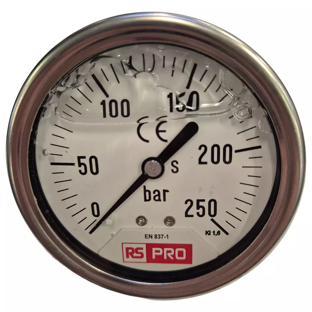 RS PRO Pressure Gauge 0 bar to 250 bar Stainless Steel 63 mm OD Bottom Entry Mount, 179983