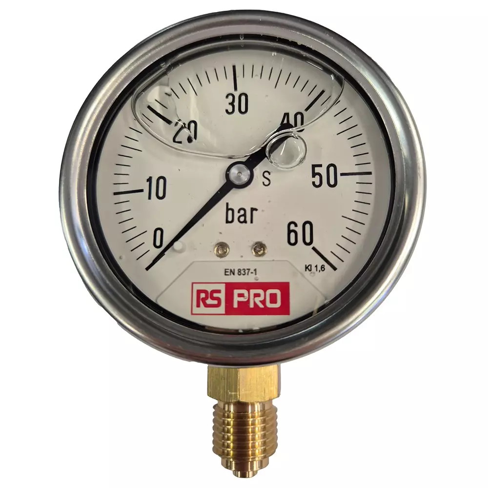 RS PRO Pressure Gauge 0 bar to 60 bar Stainless Steel 63 mm OD Bottom Entry Mount, 180003