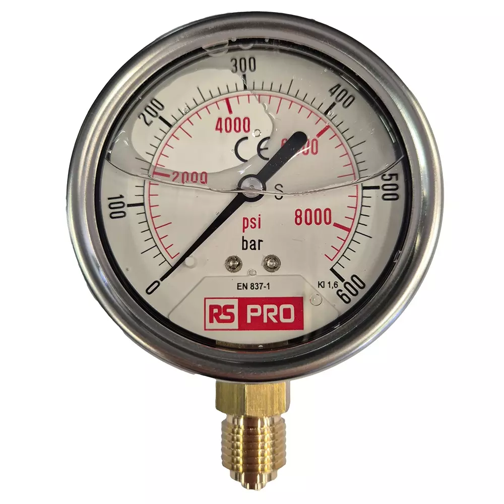 RS PRO Pressure Gauge 0 bar to 600 bar Stainless Steel 63 mm OD Bottom Entry Mount, 179997