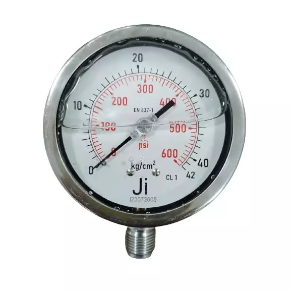 Japsin Instrumentation Industrial Glycerin Filled Pressure Gauge Analog Display 0 to 42 Kg/cm² Range 100 mm Dial Size for Industrial Use