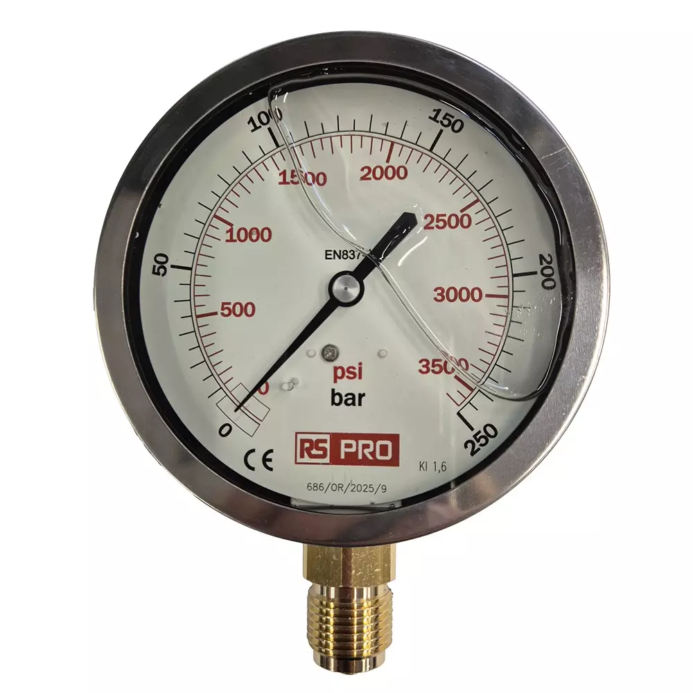 RS PRO Pressure Gauge 0 bar to 250 bar Stainless Steel 100 mm OD Bottom Entry Mount, 152296