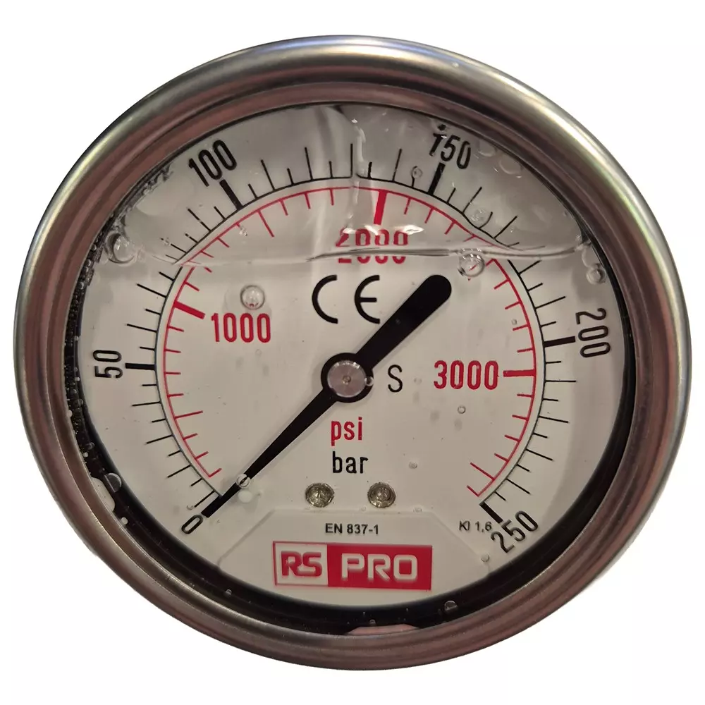 RS PRO Pressure Gauge 0 bar to 250 bar Stainless Steel 63 mm OD Bottom Entry Mount, 179981