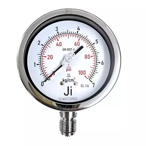 Japsin Instrumentation Industrial Pressure Gauge Analog Display 0 to 7 Kg/cm² Range 100 mm Dial Size for Industrial Use