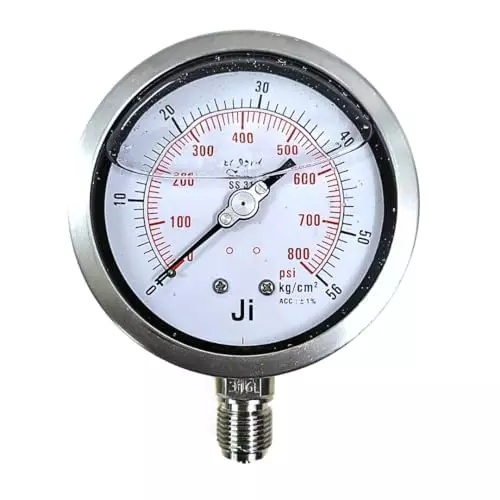 Japsin Instrumentation Industrial Glycerin Filled Pressure Gauge Analog Display 0 to 56 Kg/cm² Range 100 mm Dial Size for Industrial Use