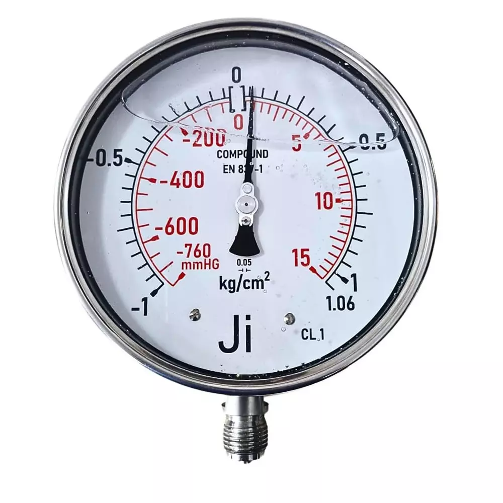 Japsin Instrumentation Industrial Glycerin Filled Compound Gauge Analog Display 150 mm Dial Size -1 to 1.06 Kg/cm² Range for Industrial Use