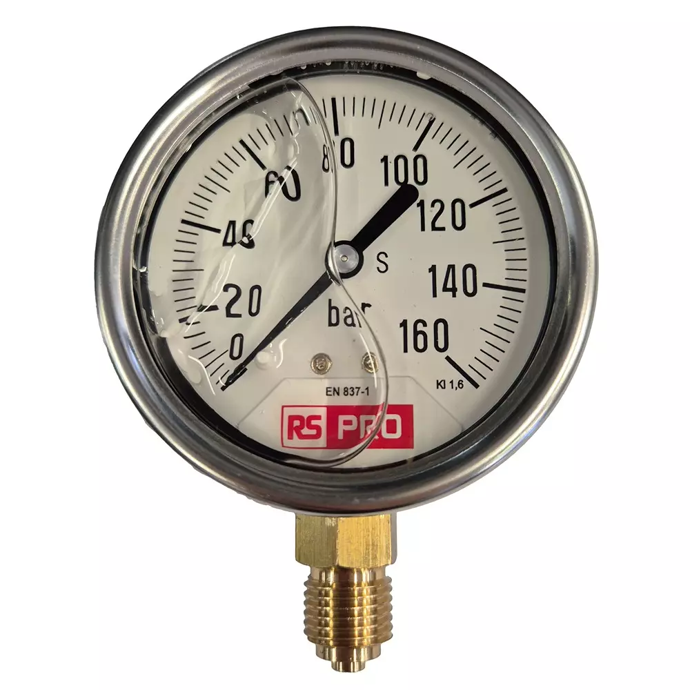 RS PRO Pressure Gauge 0 bar to 160 bar Stainless Steel 63 mm OD Bottom Entry Mount, 180004