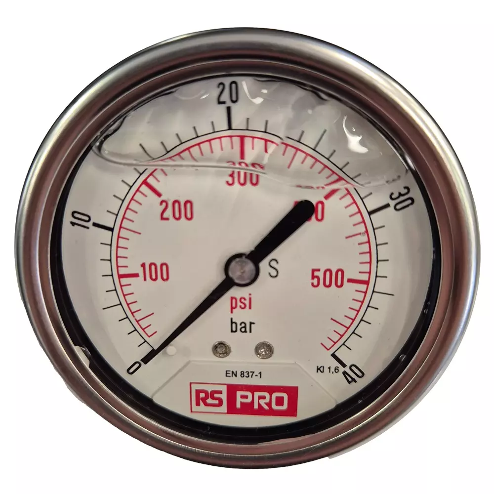 RS PRO Pressure Gauge 0 bar to 40 bar Stainless Steel 63 mm OD Bottom Entry Mount, 179977
