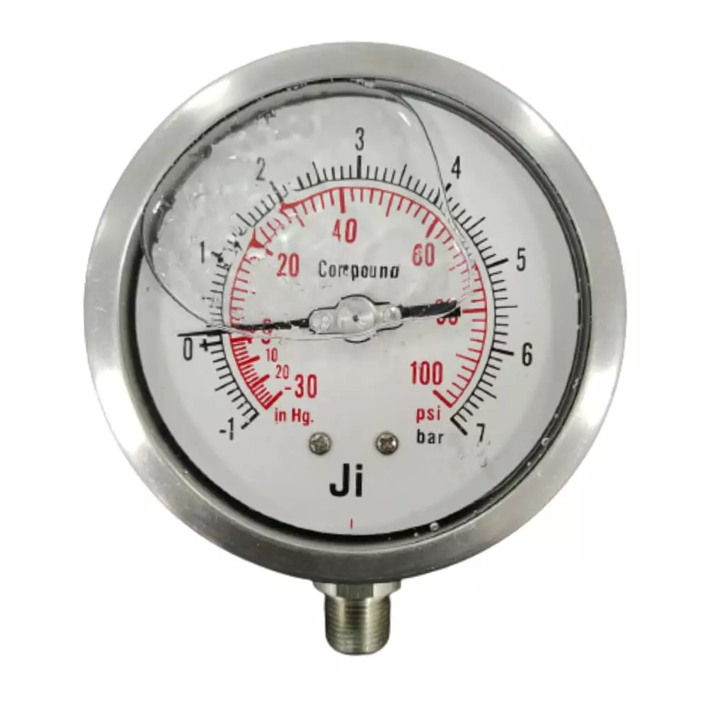 Japsin Instrumentation Industrial Glycerin Filled Compound Gauge Analog Display -1 to 7 Kg/cm² Range 100 mm Dial Size for Industrial Use