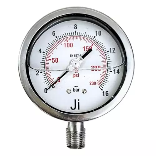 Japsin Instrumentation Industrial Glycerin Filled Pressure Gauge Analog Display 0 to 16 Bar Range 100 mm Dial Size for Industrial Use