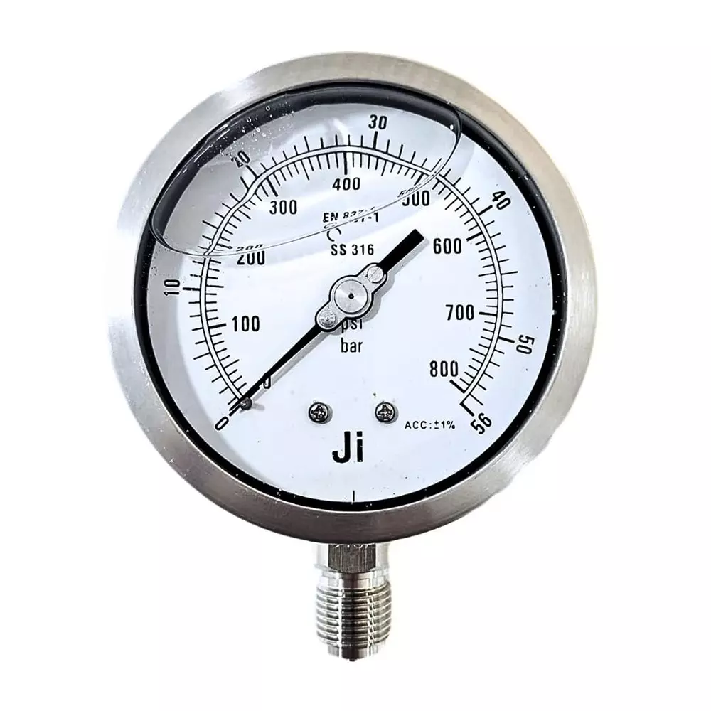 Japsin Instrumentation Industrial Glycerin Filled Pressure Gauge Analog Display 100 mm Dial Size 0 to 56 Bar Range for Industrial Use