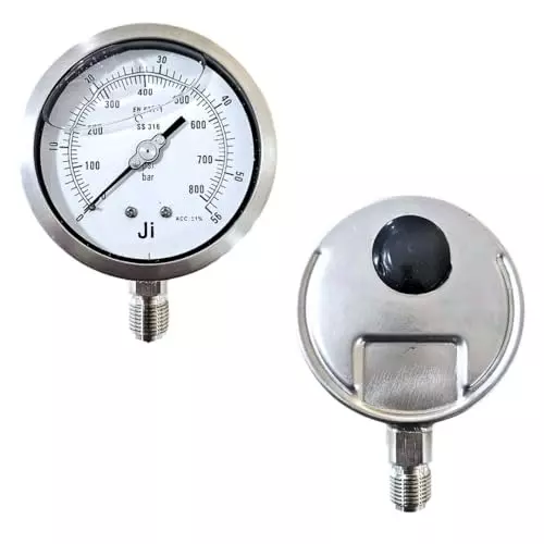 Japsin Instrumentation Industrial Glycerin Filled Pressure Gauge Analog Display 100 mm Dial Size 0 to 56 Bar Range for Industrial Use