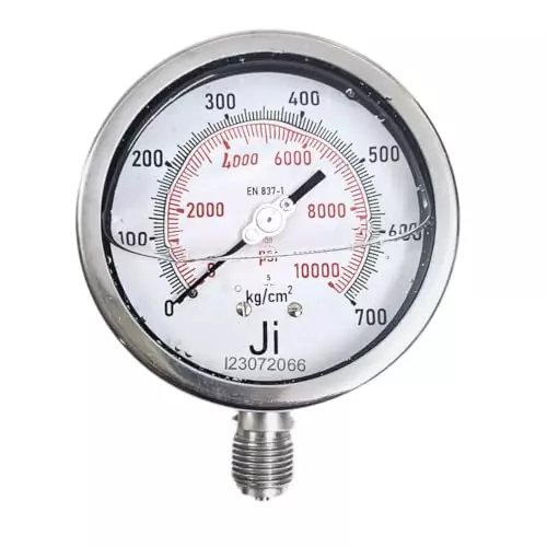 Japsin Instrumentation Industrial Pressure Gauge Analog Display 0 to 700 Kg/cm² Range 100 mm Dial Size for Industrial Use