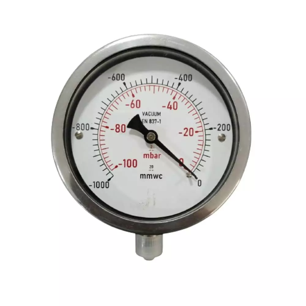 Japsin Instrumentation Industrial Capsule Vacuum Gauge Analog Display -1000 mm Wc to 0 Range 100 mm Dial Size for Industrial Use