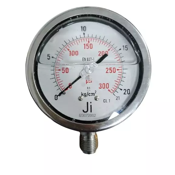 Japsin Instrumentation Industrial Glycerin Filled Pressure Gauge Analog Display 0 to 21 Kg/cm² Range 100 mm Dial Size for Industrial Use