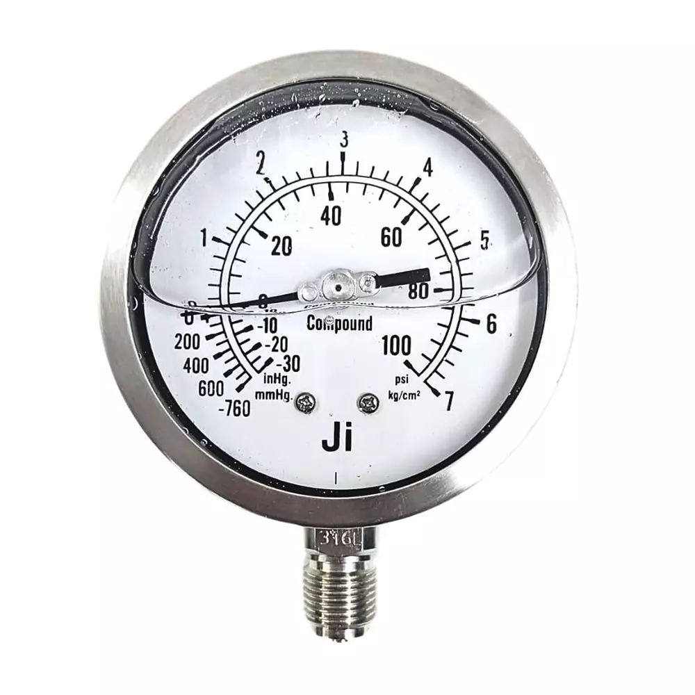 Japsin Instrumentation Industrial Compound Gauge Glycerin Filled Analog Display -760 mm Hg to 7 Kg/cm² Range 100 mm Dial Size for Industrial Use