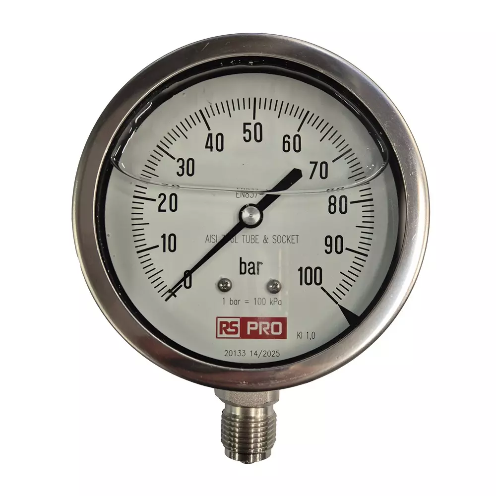 RS PRO Pressure Gauge 0 bar to 100 bar Stainless Steel 100 mm OD Bottom Entry Mount, 152286