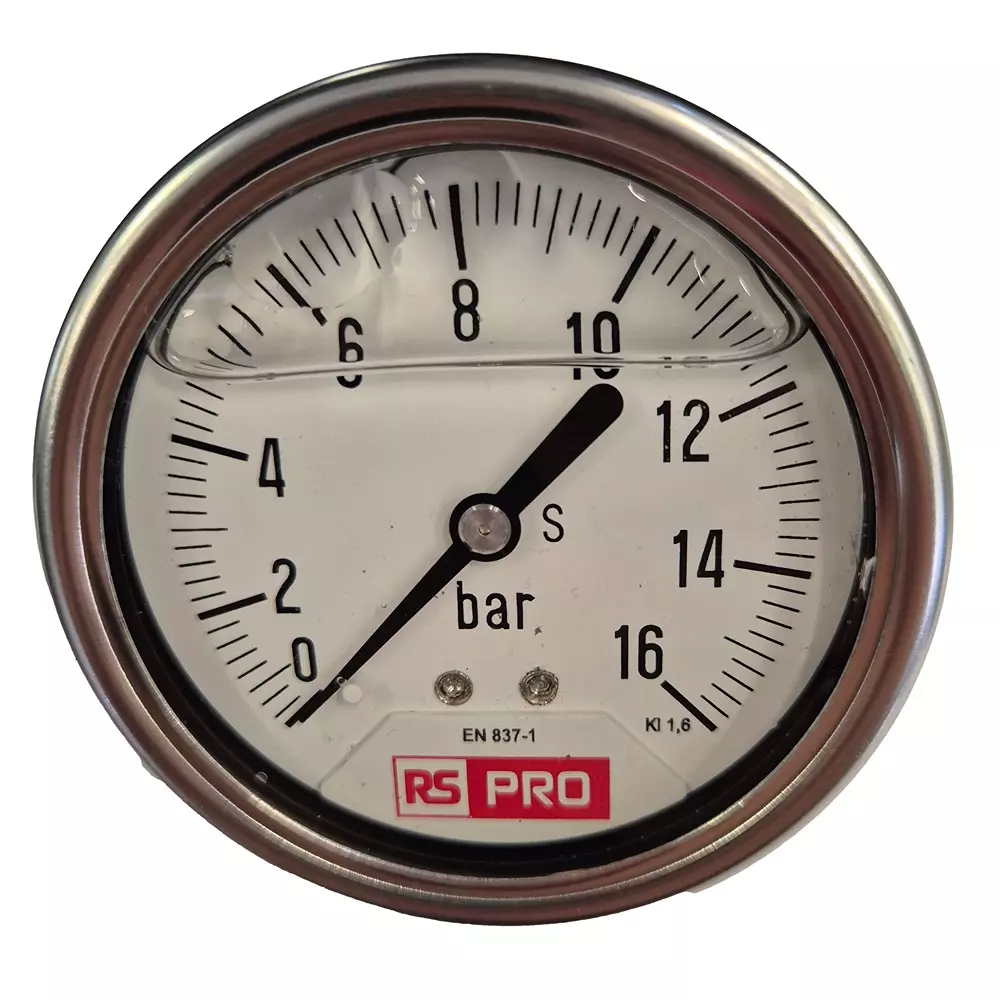 RS PRO Pressure Gauge 0 bar to 16 bar Stainless Steel 63 mm OD Bottom Entry Mount, 179987