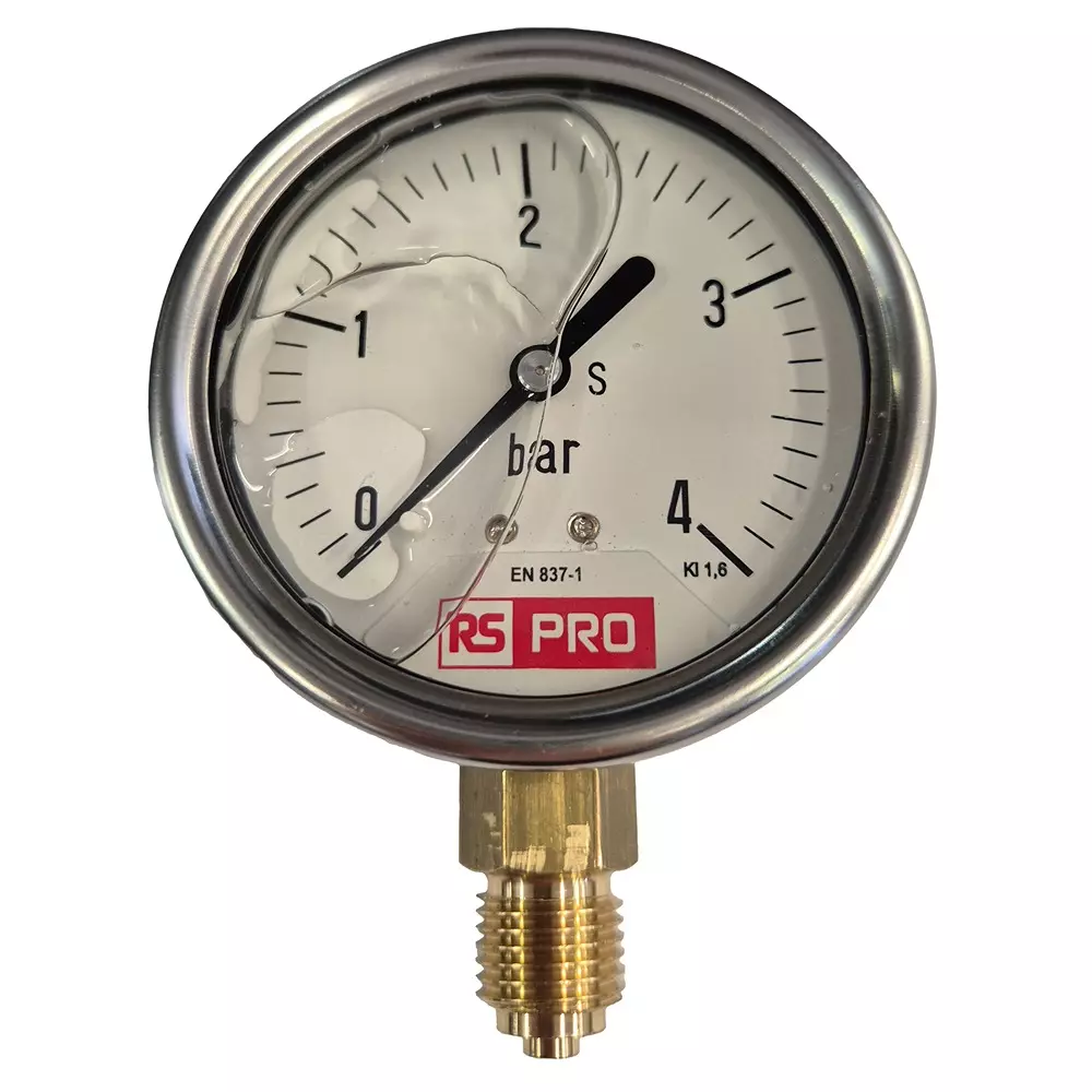 RS PRO Pressure Gauge 0 bar to 4 bar Stainless Steel 63 mm OD Bottom Entry Mount, 180001