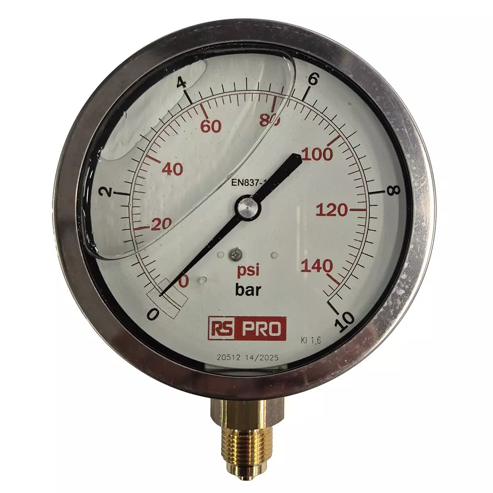 RS PRO Pressure Gauge 0 bar to 10 bar Stainless Steel 100 mm OD Bottom Entry Mount, 152289