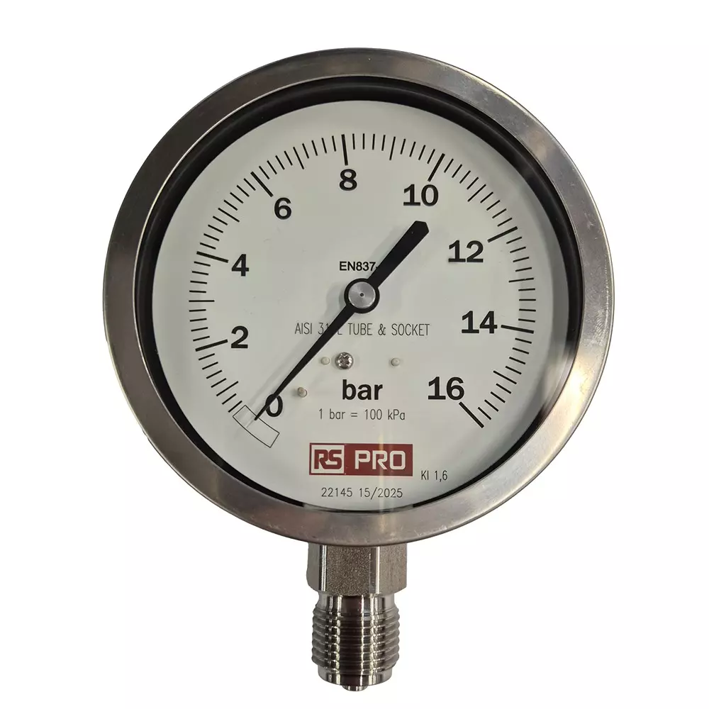 RS PRO Pressure Gauge 0 bar to 16 bar Stainless Steel 100 mm OD Bottom Entry Mount, 152308