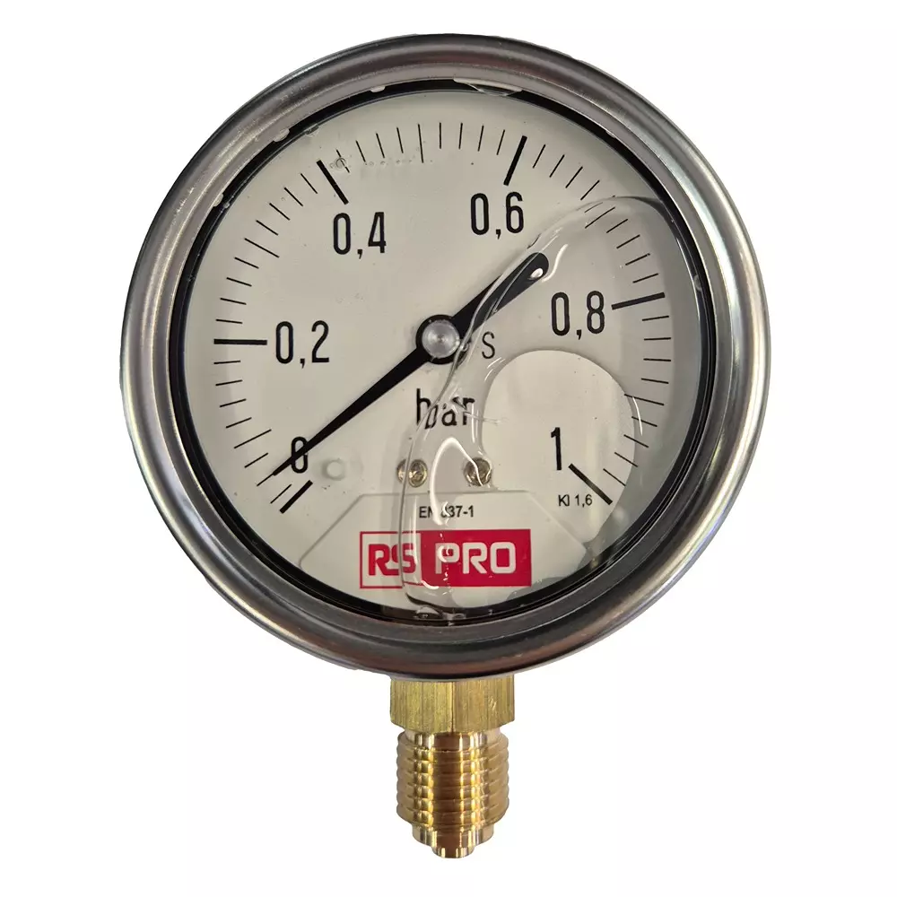 RS PRO Pressure Gauge 0 bar to 1 bar Stainless Steel 63 mm OD Bottom Entry Mount, 179999