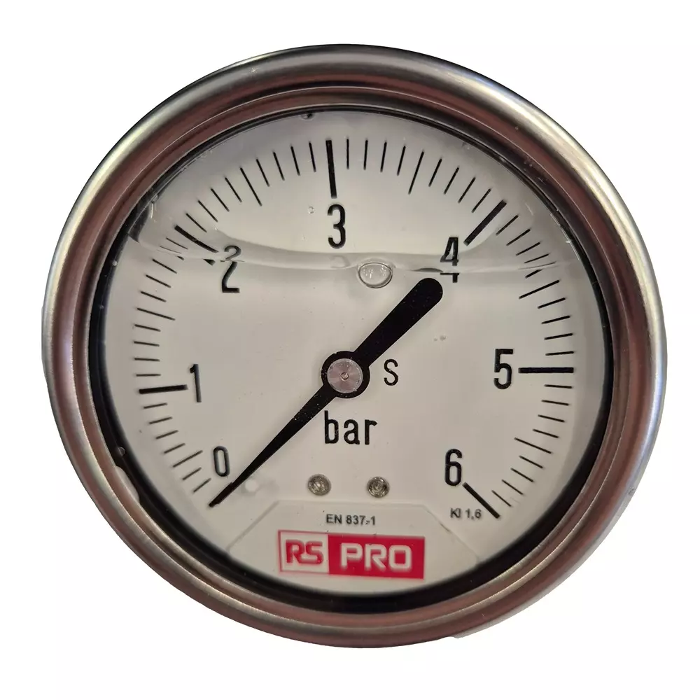 RS PRO Pressure Gauge 0 bar to 6 bar Stainless Steel 63 mm OD Bottom Entry Mount, 179984