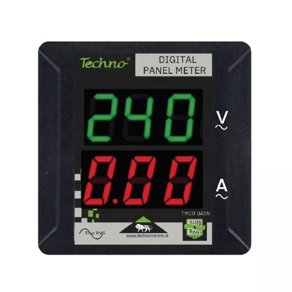 Techno Meters Polycarbonate Digital Volt Amps Panel Meter Single Phase Upto 40 A Current Class 1.0 Accuracy with In-Built CT, TMCB 040