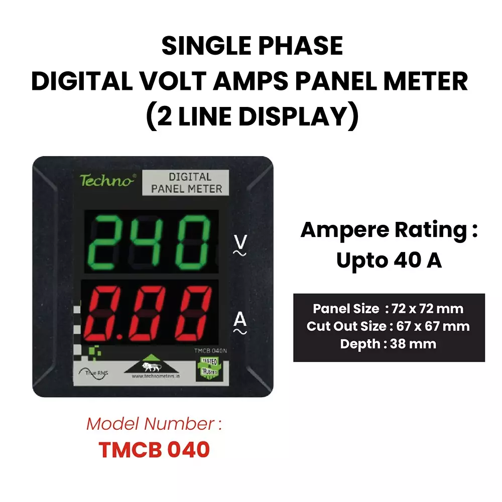 Techno Meters Polycarbonate Digital Volt Amps Panel Meter Single Phase Upto 40 A Current Class 1.0 Accuracy with In-Built CT, TMCB 040