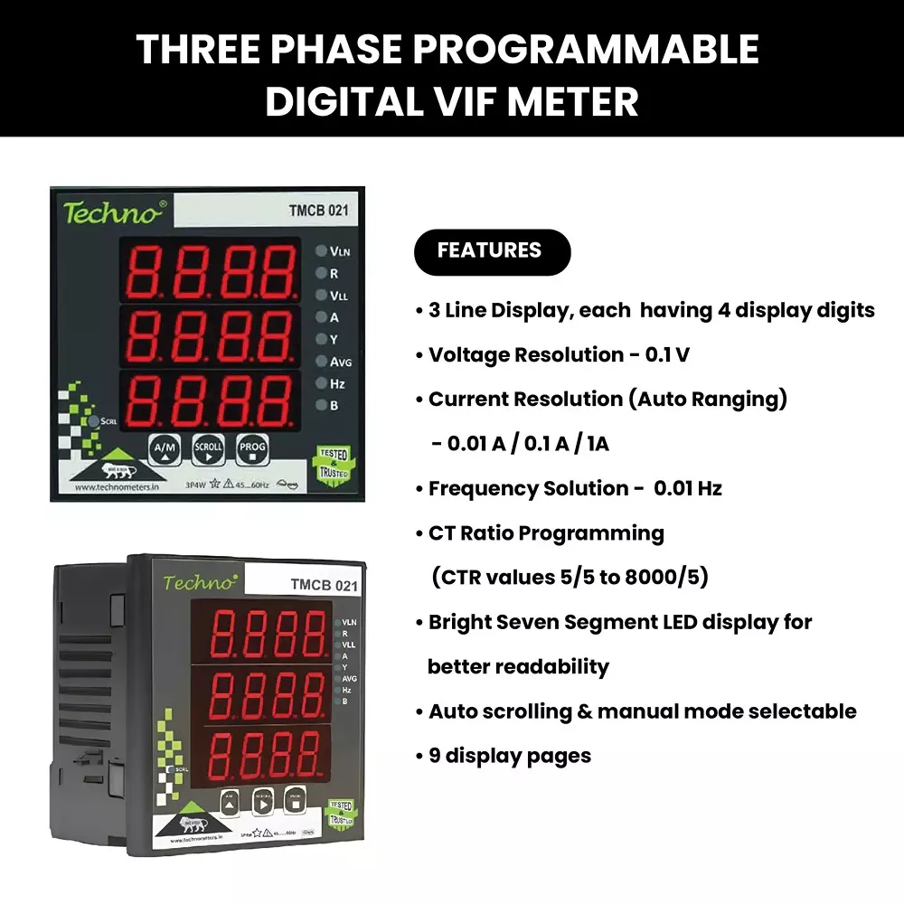 Techno Meters Polycarbonate Programmable Digital VIF Meter Three Phase 5 A Current 3-Line 4-Digit Display, TMCB 021