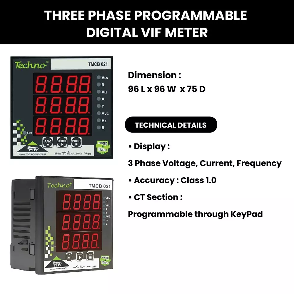 Techno Meters Polycarbonate Programmable Digital VIF Meter Three Phase 5 A Current 3-Line 4-Digit Display, TMCB 021