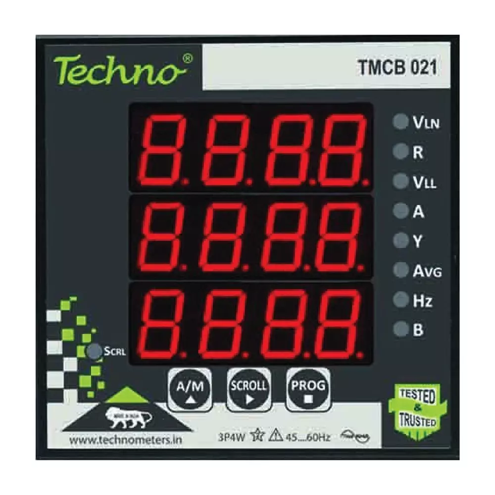 Techno Meters Polycarbonate Programmable Digital VIF Meter Three Phase 5 A Current 3-Line 4-Digit Display, TMCB 021