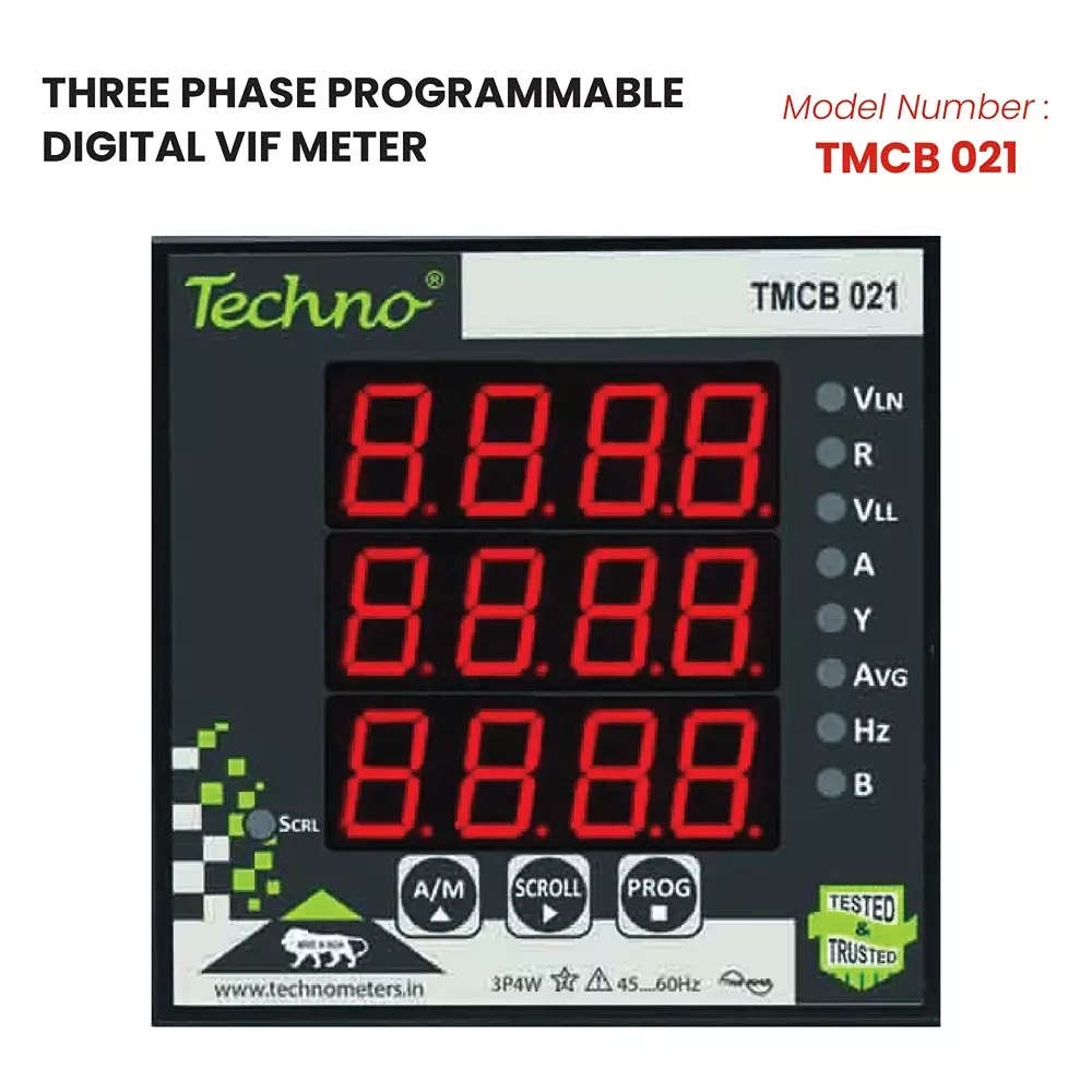 Techno Meters Polycarbonate Programmable Digital VIF Meter Three Phase 5 A Current 3-Line 4-Digit Display, TMCB 021