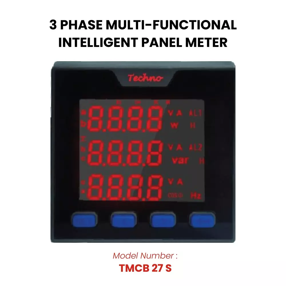 Techno Meters Polycarbonate Multifunctional Panel Meter Three Phase 5 A Current Bright & Big LCD Display, TMCB 027 S