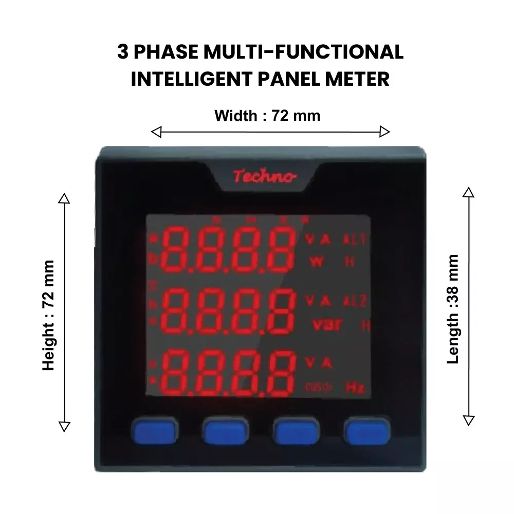 Techno Meters Polycarbonate Multifunctional Panel Meter Three Phase 5 A Current Bright & Big LCD Display, TMCB 027 S