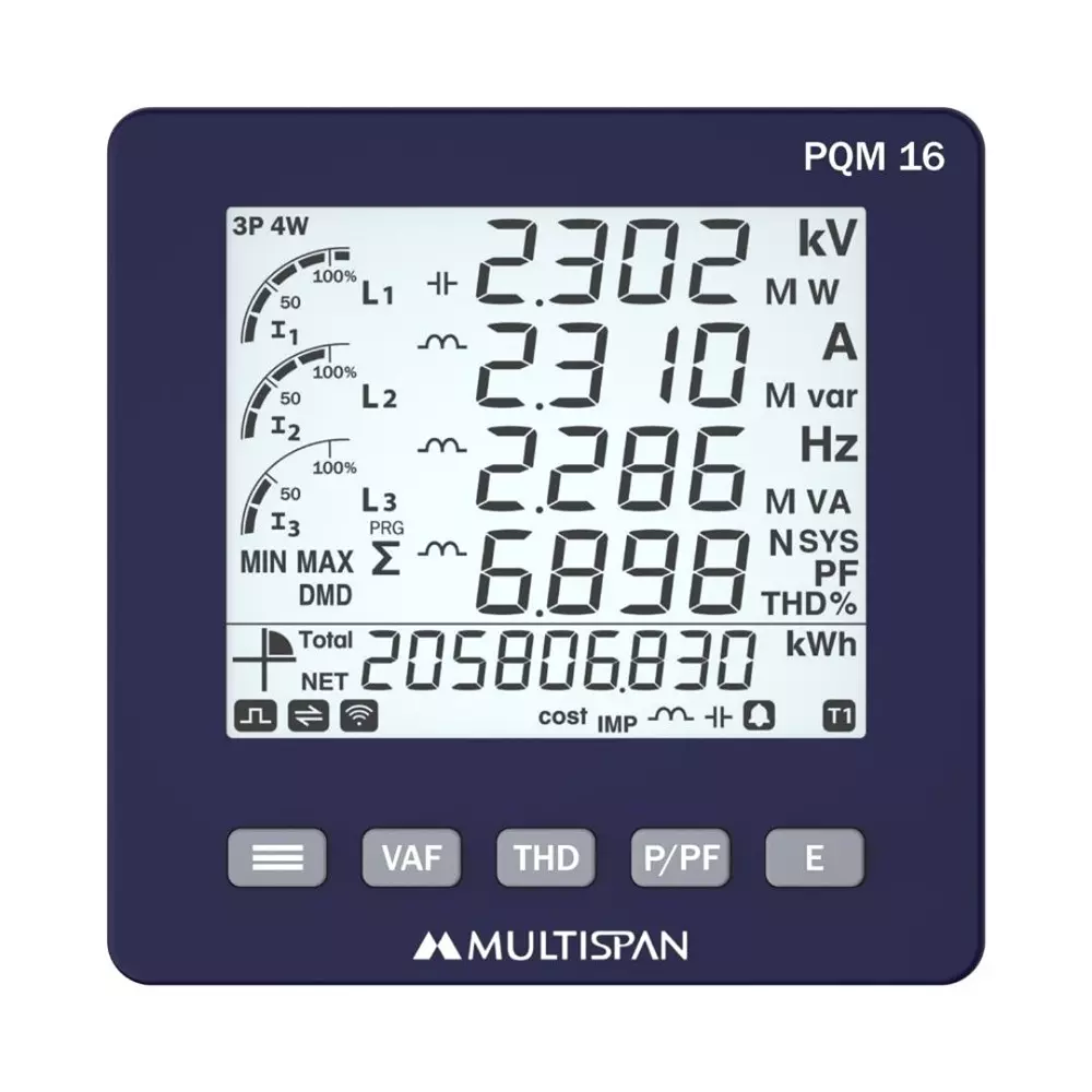 MULTISPAN Multifunction Meter-LCD Display 5-Line LCD Display 96x96x54 mm, PQM-16