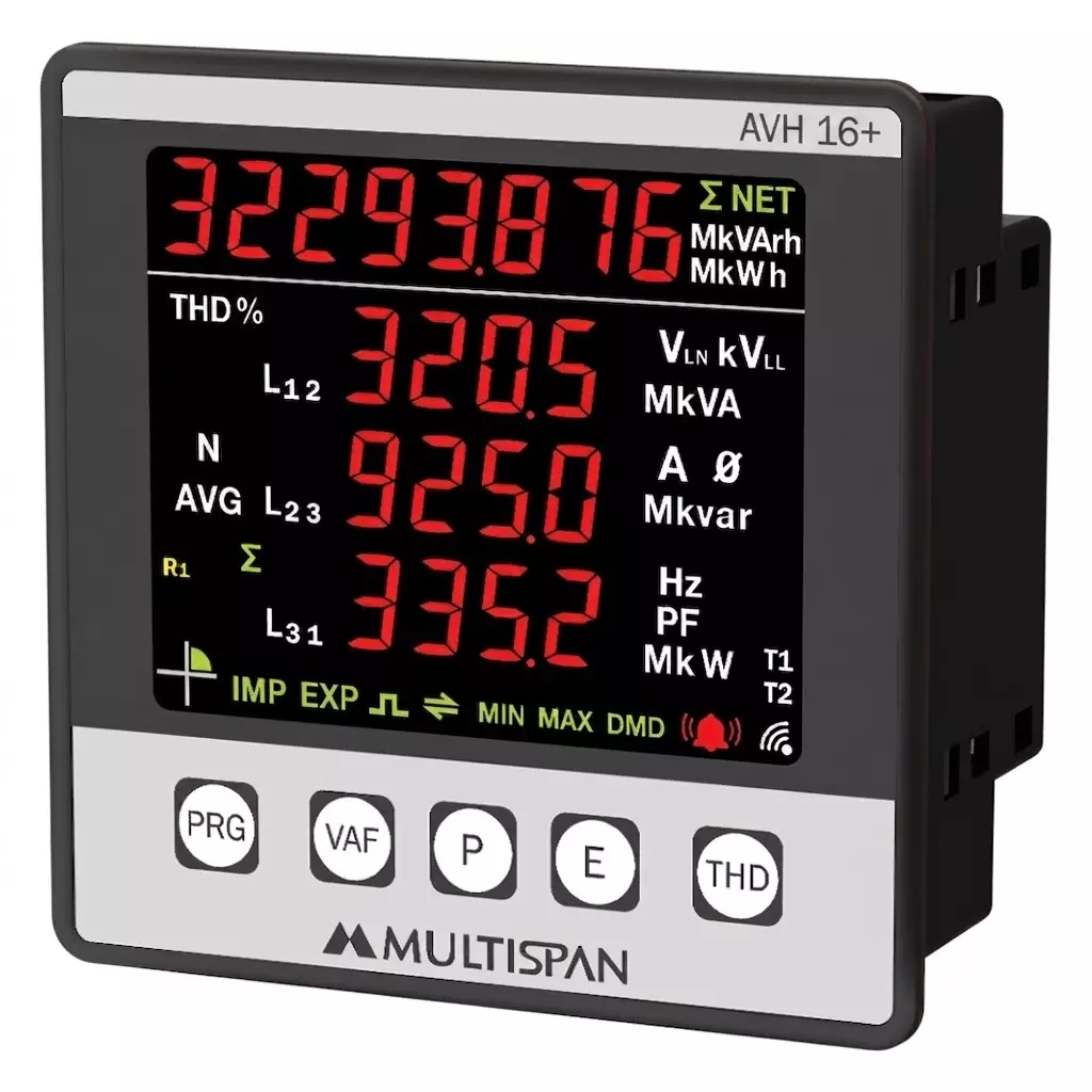 Multispan Multifunction Meter with 8 Digit 1 Line, 4 Digit 3 Line Red LED Display, 9999 A Primary CT and 100 V To 270 V AC Supply Voltage, AVH-16+