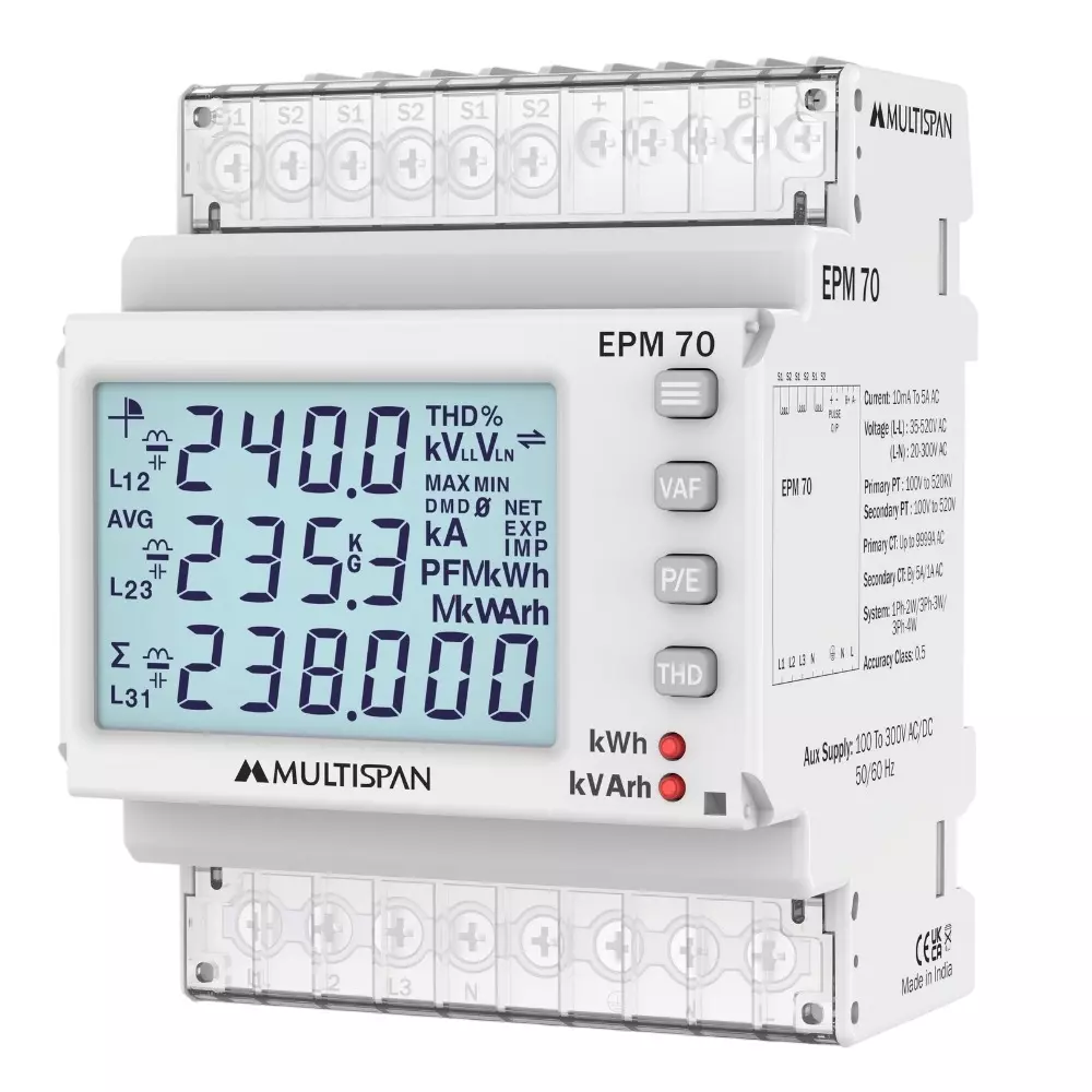 Multispan Digital Multifunction Meter 25 mA Current Capacity, RS-485 Interface and 100 to 300 V AC/DC, 50/60 Hz Power Supply, EPM-70