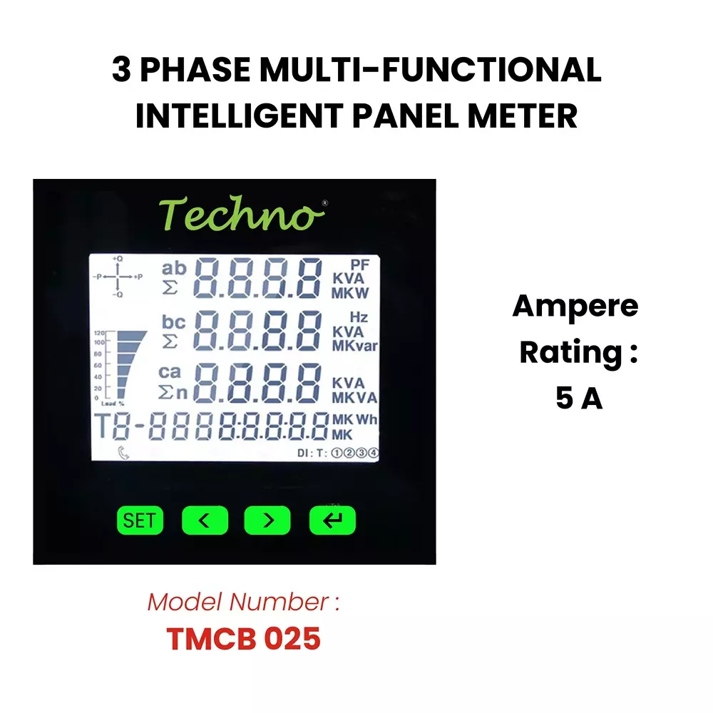 Techno Meters Polycarbonate Multifunctional Panel Meter Three Phase 5 A Current with Big & Bright LCD Display, TMCB 025