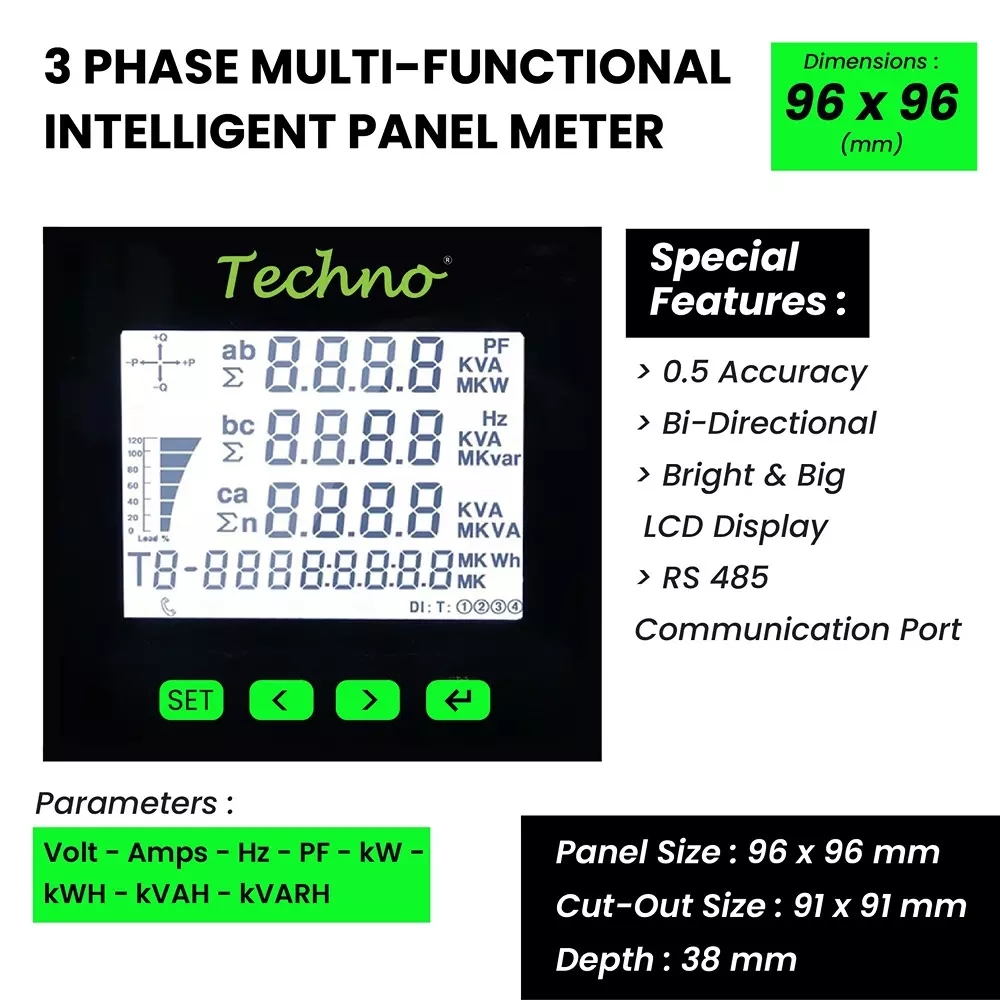 Techno Meters Polycarbonate Multifunctional Panel Meter Three Phase 5 A Current with Big & Bright LCD Display, TMCB 025