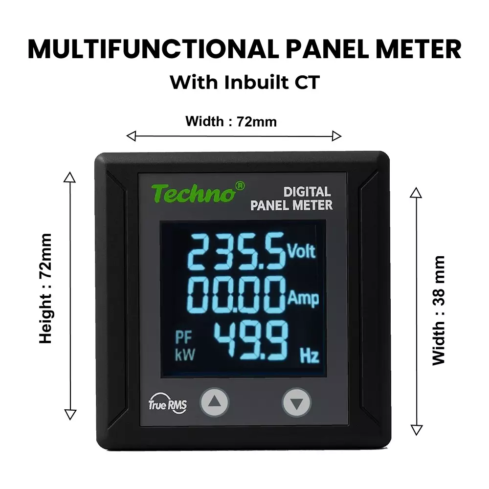 Techno Meters Polycarbonate Multifunctional Panel Meter Single Phase 40 A Current Rating 72x72 mm Panel Size with In-Built CT, TMCB 040 MFM