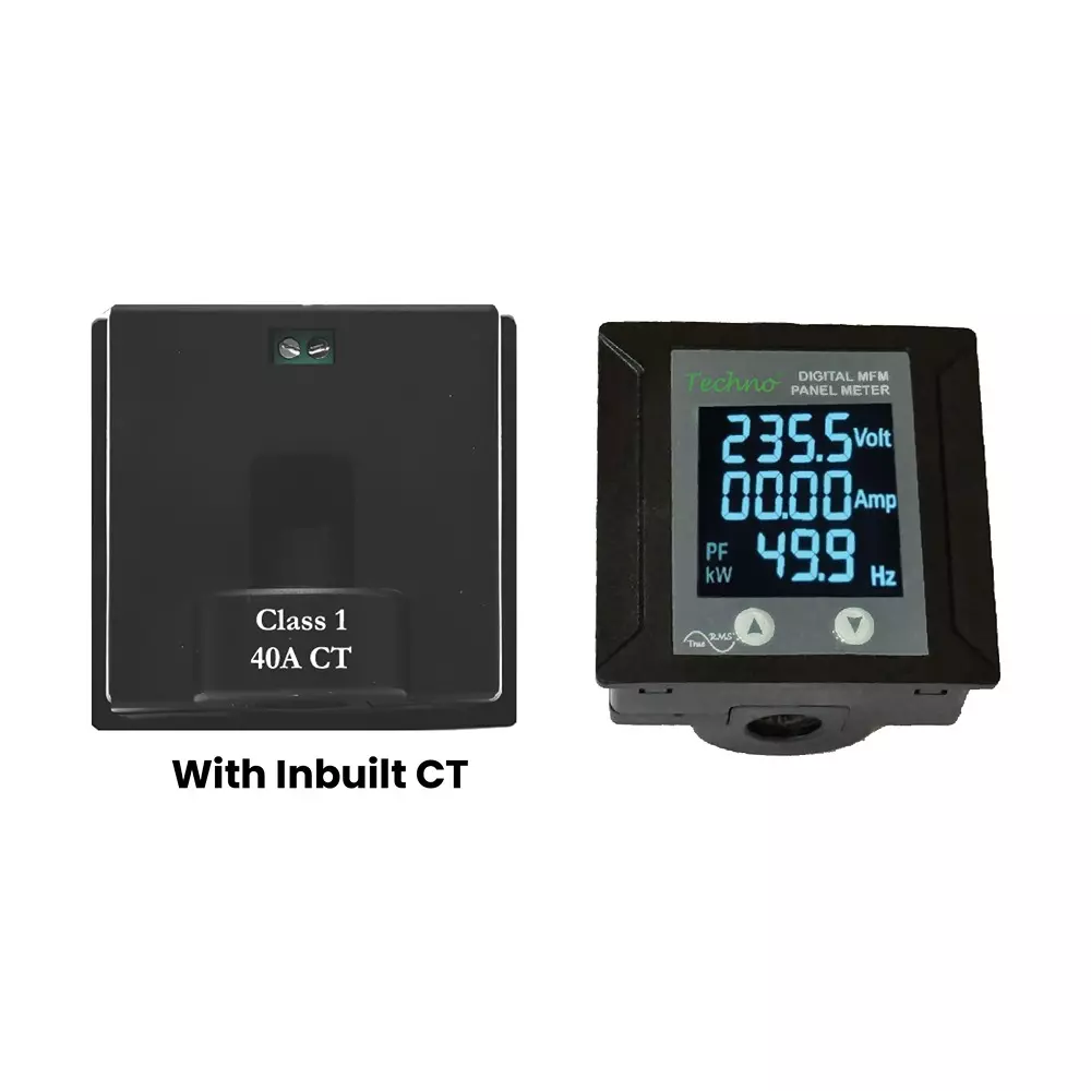 Techno Meters Polycarbonate Multifunctional Panel Meter Single Phase 40 A Current Rating 72x72 mm Panel Size with In-Built CT, TMCB 040 MFM